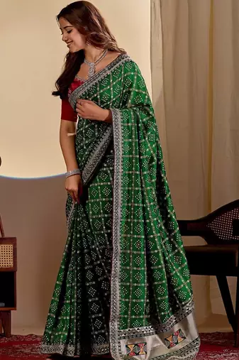 Green bandhani zari silk blend designer saree