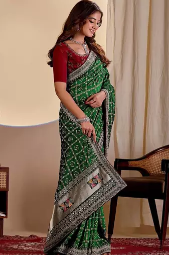 Green bandhani zari silk blend designer saree