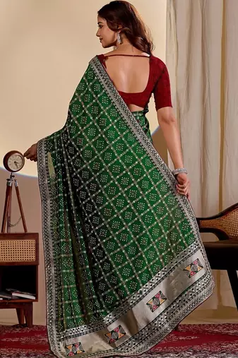 Green bandhani zari silk blend designer saree