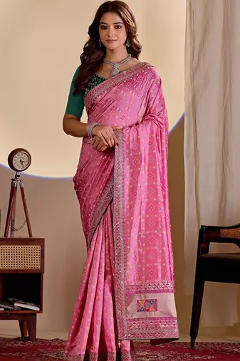 Pink bandhani embroidered silk blend designer saree