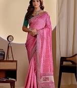 Pink bandhani embroidered silk blend designer saree