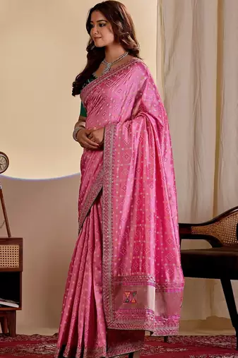 Pink bandhani embroidered silk blend designer saree