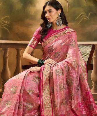 Pink floral woven design zari organza patola saree 1