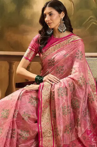 Pink floral woven design zari organza patola saree