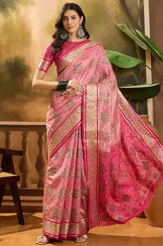 Pink floral woven design zari organza patola saree