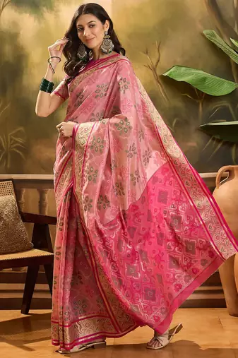 Pink floral woven design zari organza patola saree