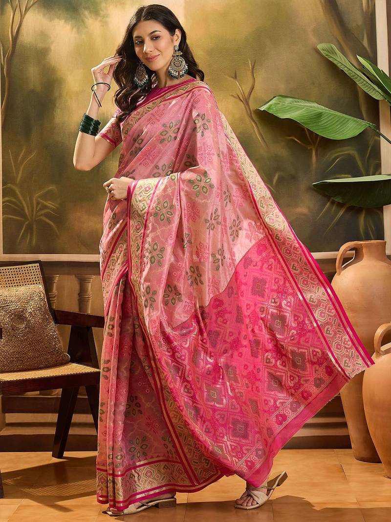 Pink floral woven design zari organza patola saree