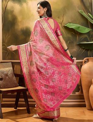 Pink floral woven design zari organza patola saree 4