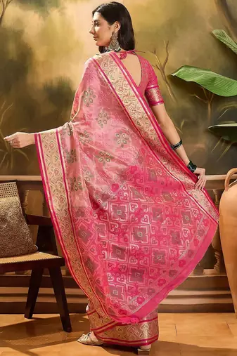Pink floral woven design zari organza patola saree
