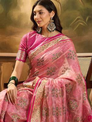 Pink floral woven design zari organza patola saree 5