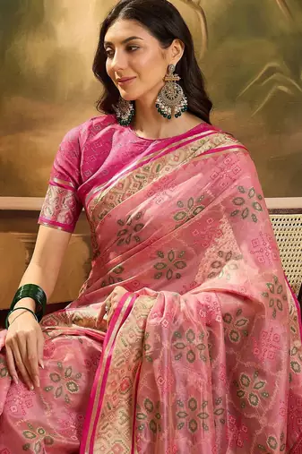 Pink floral woven design zari organza patola saree
