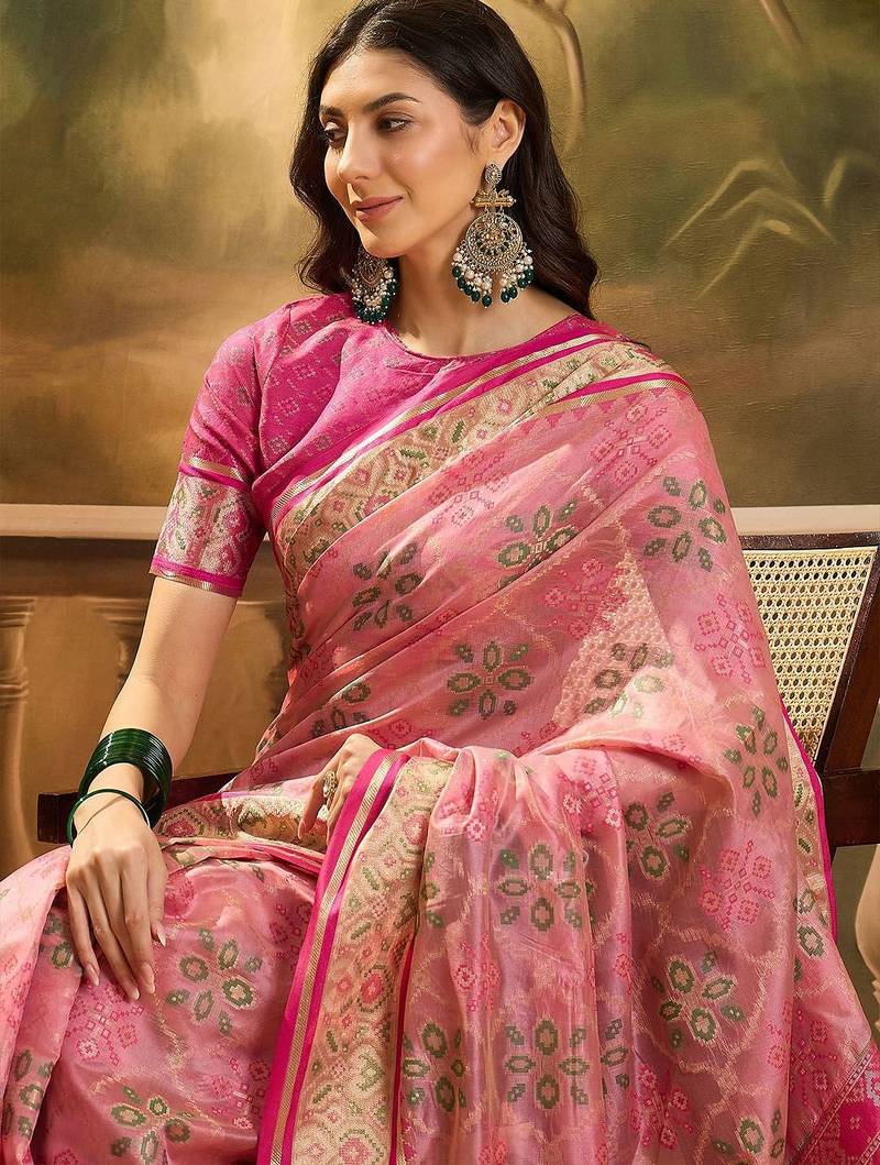 Pink floral woven design zari organza patola saree