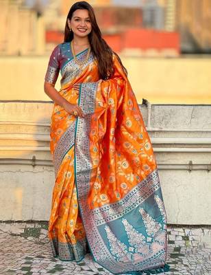 Orange women woven design kanjeevaram saree 1