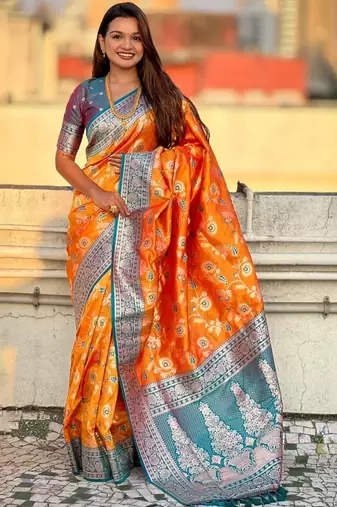 Orange women woven design kanjeevaram saree