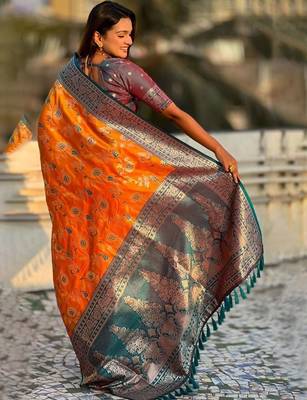 Orange women woven design kanjeevaram saree 2