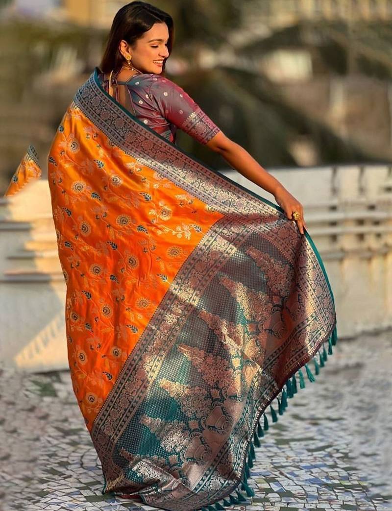 Orange women woven design kanjeevaram saree