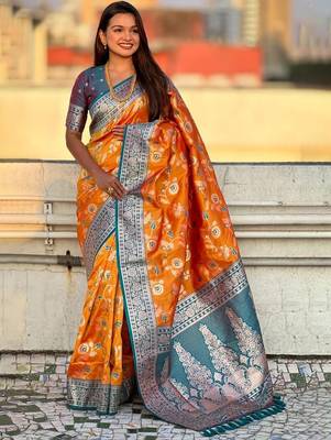 Orange women woven design kanjeevaram saree 3