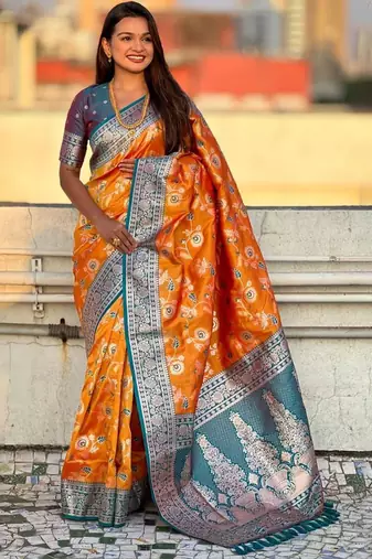 Orange women woven design kanjeevaram saree