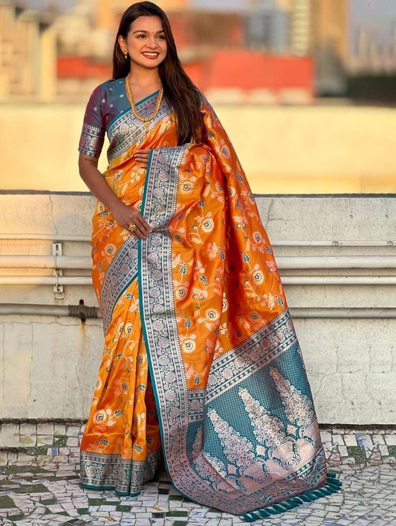 Orange women woven design kanjeevaram saree