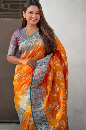 Orange women woven design kanjeevaram saree