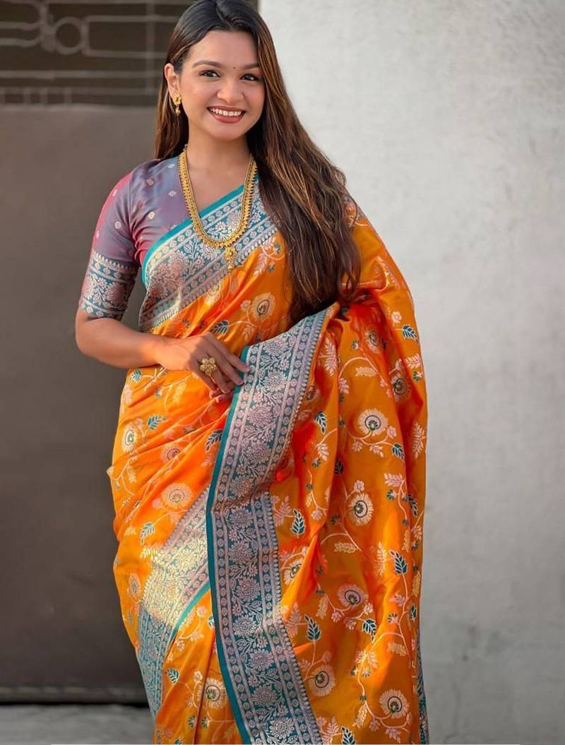 Orange women woven design kanjeevaram saree