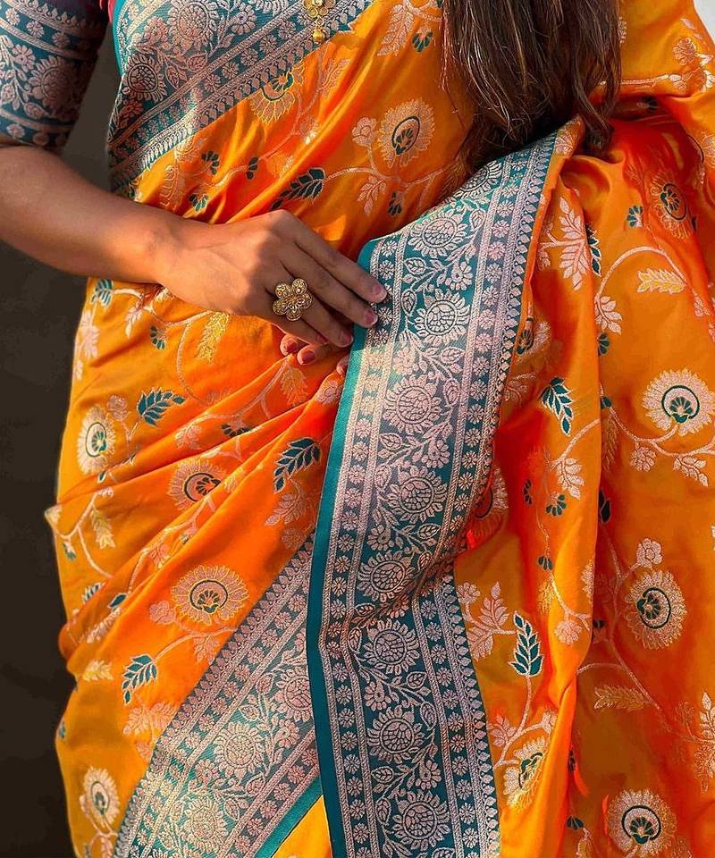 Orange women woven design kanjeevaram saree