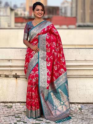 Pink woven design zari kanjeevaram saree 1