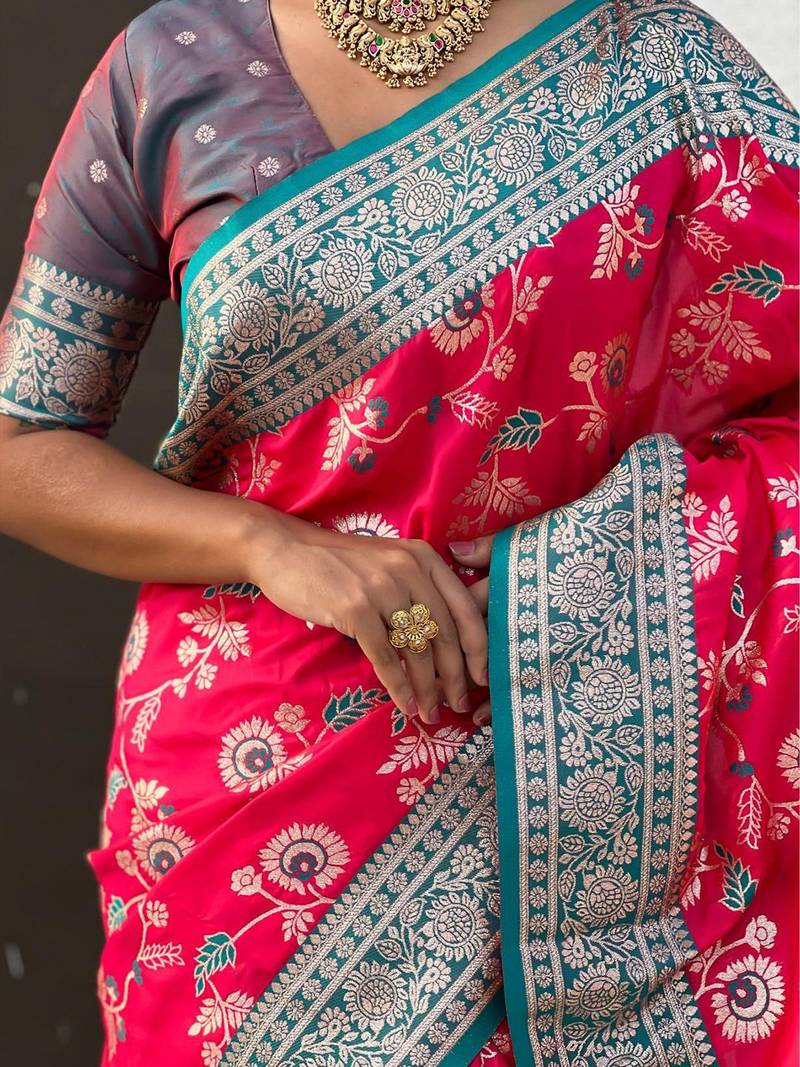 Pink woven design zari kanjeevaram saree