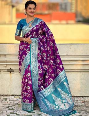 Purple woven design zari kanjeevaram saree 1