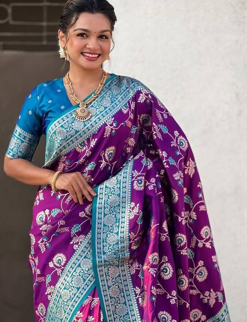Purple woven design zari kanjeevaram saree