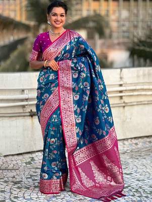Blue woven design zari kanjeevaram saree 1