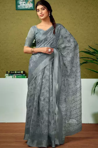 Grey ethnic motifs zari  linen ready to wear saree