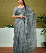 Grey ethnic motifs zari  linen ready to wear saree