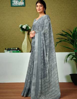 Grey ethnic motifs zari  linen ready to wear saree 2