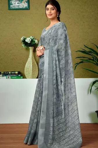 Grey ethnic motifs zari  linen ready to wear saree