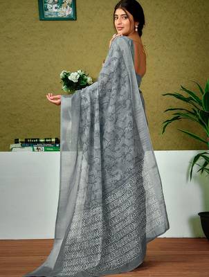 Grey ethnic motifs zari  linen ready to wear saree 3
