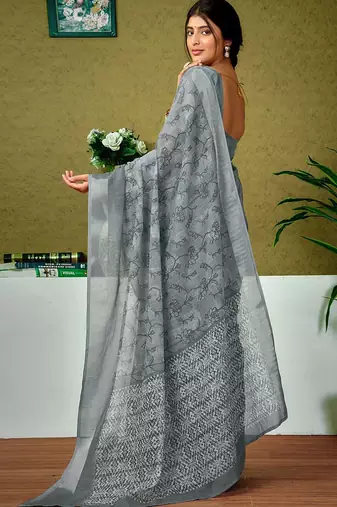 Grey ethnic motifs zari  linen ready to wear saree