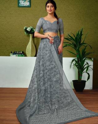 Grey ethnic motifs zari  linen ready to wear saree 4