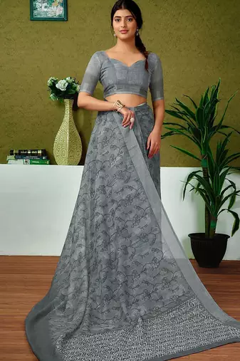Grey ethnic motifs zari  linen ready to wear saree