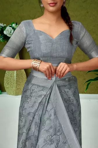 Grey ethnic motifs zari  linen ready to wear saree