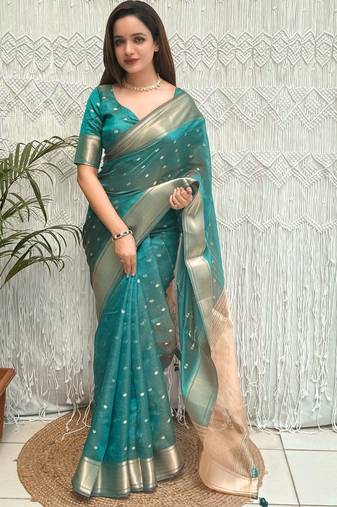 Teal embellished zari organza designer banarasi saree
