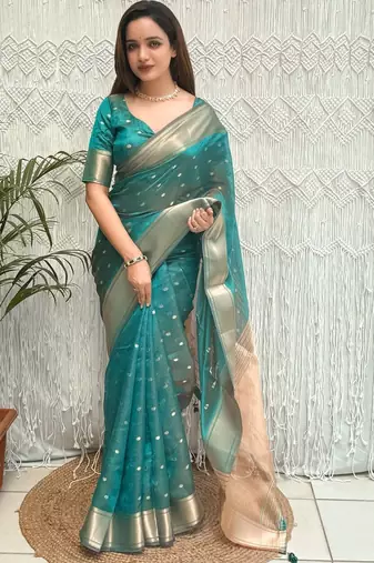 Teal embellished zari organza designer banarasi saree