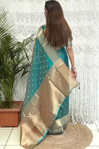 Teal embellished zari organza designer banarasi saree
