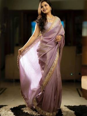 Lavender embellished zari net heavy work saree 2