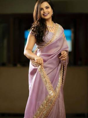 Lavender embellished zari net heavy work saree 4