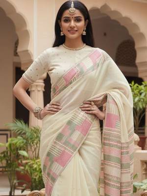 Off white woven design embroidered silk blend handloom banarasi saree 1