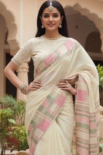 Off white woven design embroidered silk blend handloom banarasi saree