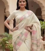 Off white woven design embroidered silk blend handloom banarasi saree