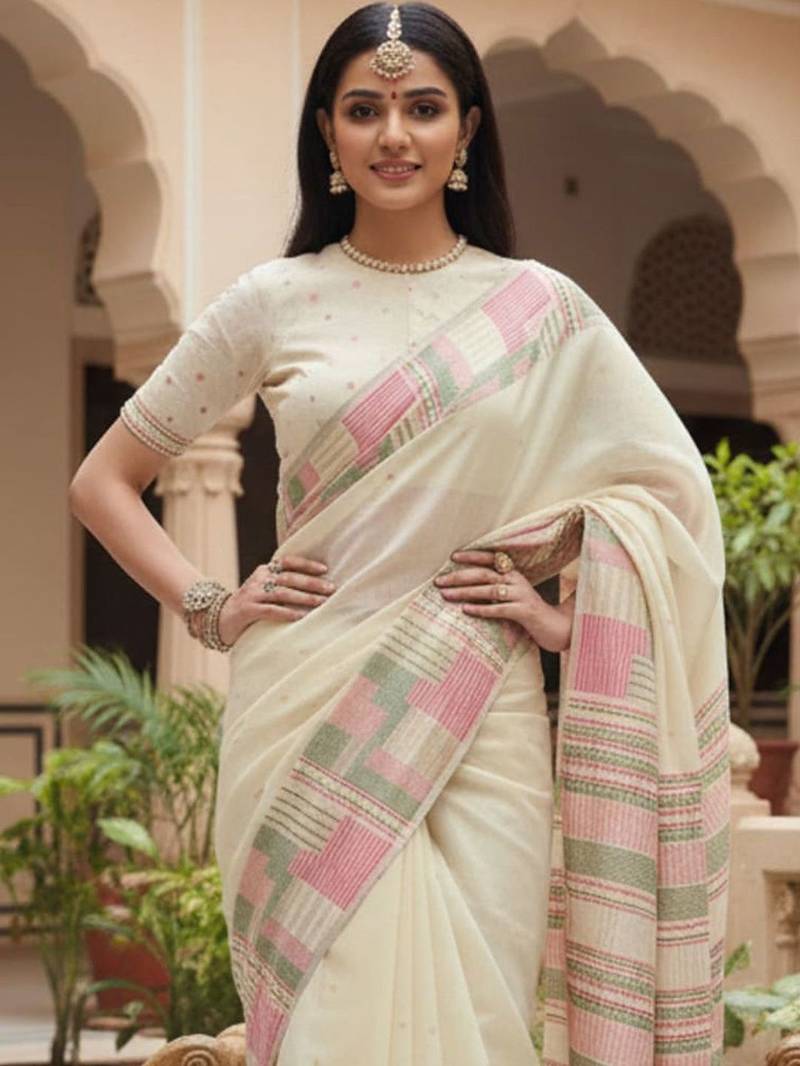 Off white woven design embroidered silk blend handloom banarasi saree