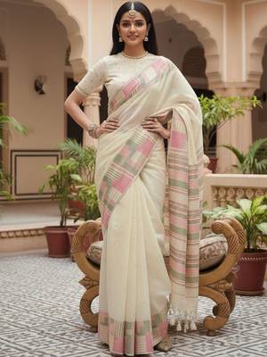 Off white woven design embroidered silk blend handloom banarasi saree 2